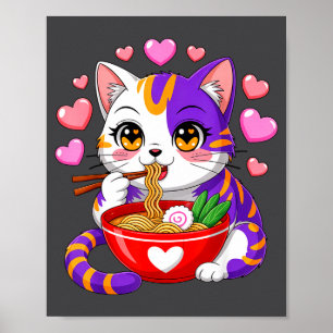 Anime-Katze isst Ramen-Nudeln mit Herzen Lustiges Poster