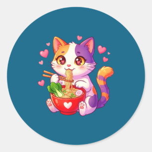Anime-Katze isst Ramen-Nudeln mit Herzen Lustiges  Runder Aufkleber