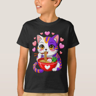 Anime-Katze isst Ramen-Nudeln mit Herzen Lustiges T-Shirt