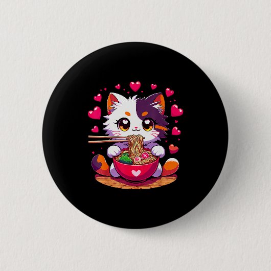Anime-Katze isst Ramen-Nudeln mit Herzen Valenti Button (Vorderseite)