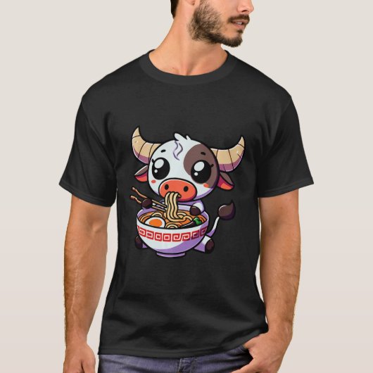 Anime Kawaii Texas Kuh Eating Ramen Clothing Noodl T-Shirt (Vorderseite)