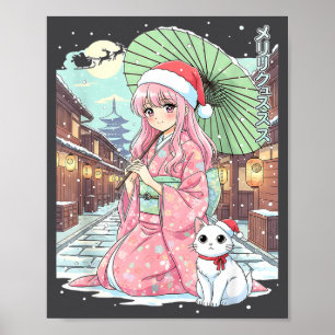 Anime Kimono Mädchen Weihnachten Japan Katze Xmas Poster