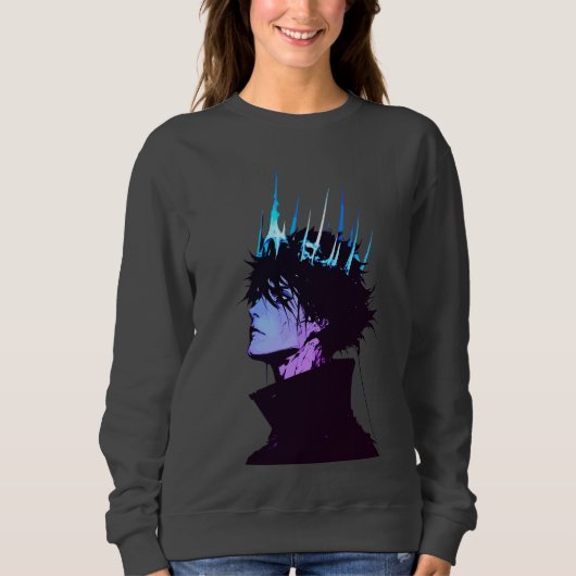 Anime King Gothic Male Portrait with Blue Crown Sweatshirt (Vorderseite)