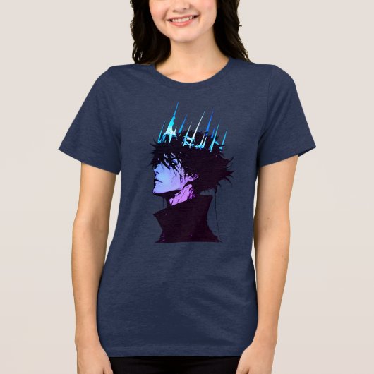 Anime King Gothic Male Portrait with Blue Crown Tri-Blend Shirt (Vorderseite)