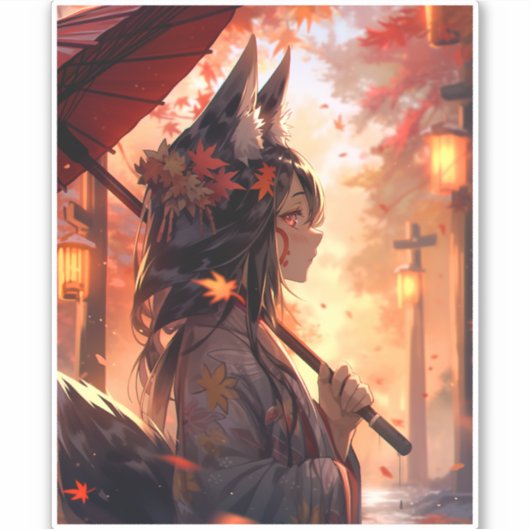 Anime Kitsune Girl Niedlich Fox Fantasy Art Aufkleber (Vorderseite)