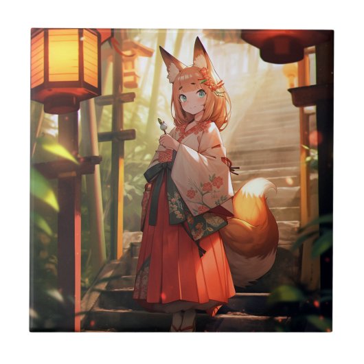 Anime Kitsune Girl Niedlich Fox Fantasy Art Fliese (Vorderseite)
