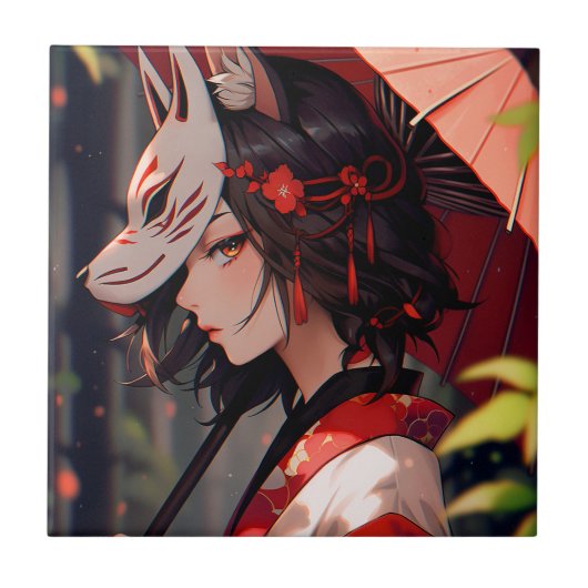 Anime Kitsune Girl Niedlich Fox Fantasy Art Fliese (Vorderseite)