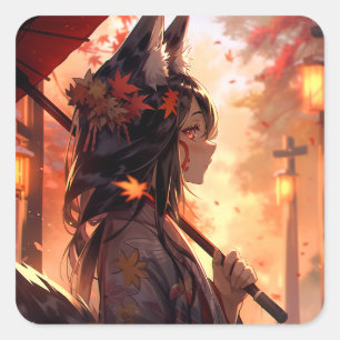 Anime Kitsune Girl Niedlich Fox Fantasy Art Quadratischer Aufkleber