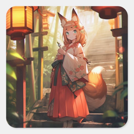 Anime Kitsune Girl Niedlich Fox Fantasy Art Quadratischer Aufkleber (Vorderseite)