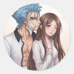 Anime-Krieger mit blauen Haaren und Begleiter-Stic Runder Aufkleber