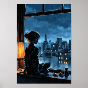 Anime Kuschel-Regen-Fenster-Wandkunst Poster