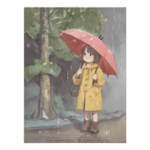 Anime Little Girl geht an einem Regentag zur Schul Fotodruck