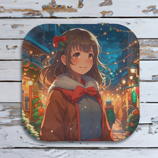 Anime-Mädchen an Weihnachten oder Silvester Pappteller