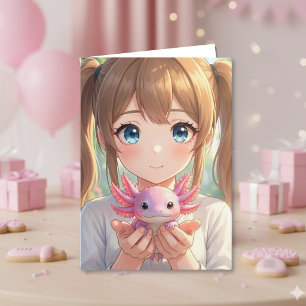 Anime Mädchen' Axolotl Geburtstag mit Ausmalbild Karte