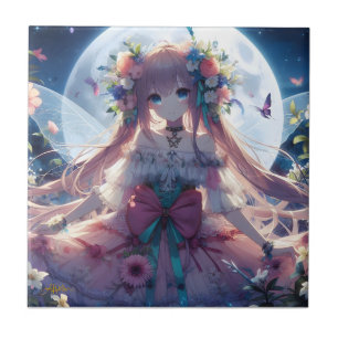 Anime-Mädchen-Blumen-Mond-Fee Fliese