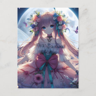 Anime-Mädchen-Blumen-Mond-Fee Postkarte