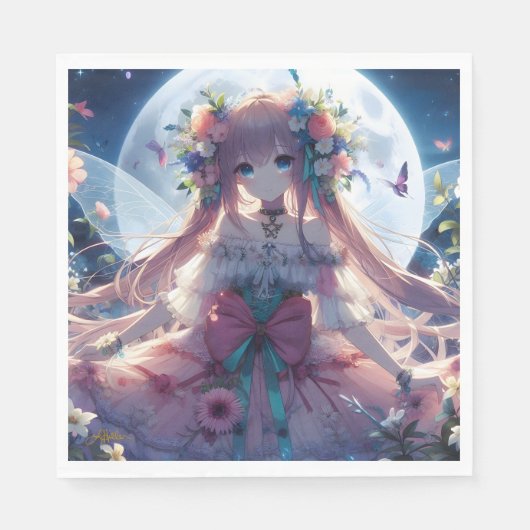 Anime-Mädchen-Blumen-Mond-Fee Serviette (Vorderseite)