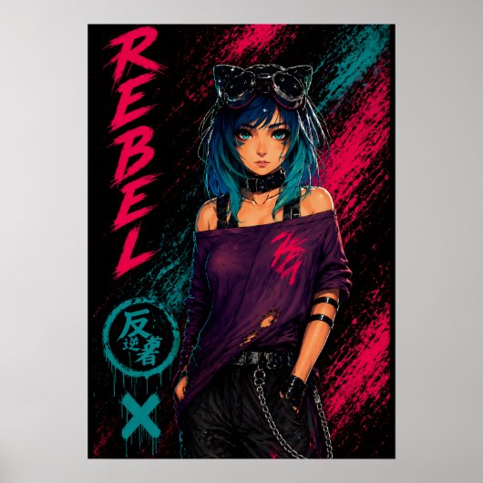 Anime-Mädchen Cyberpunk Neon Schwarz Poster (Vorne)