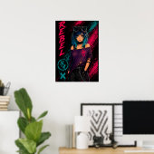 Anime-Mädchen Cyberpunk Neon Schwarz Poster (Heimbüro)