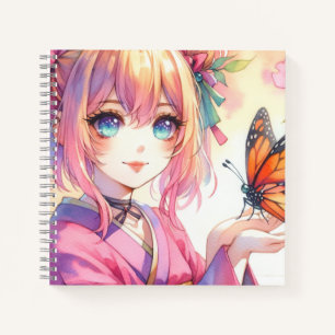 Anime-Mädchen, das einen Schmetterling hält Notizblock