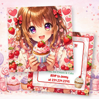 Anime Mädchen Geburtstag | Erdbeeren und Cupcakes  Einladung