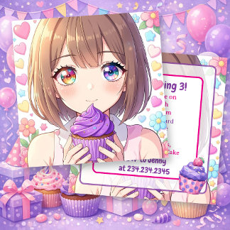 Anime-Mädchen-Geburtstag | Herzen und Cupcakes  Einladung