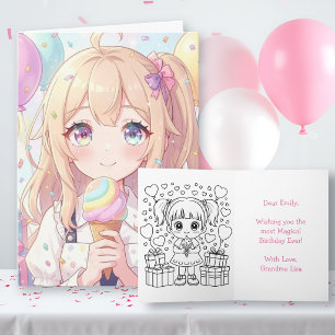 Anime-Mädchen-Geburtstagskarten mit Ausmalbild Karte