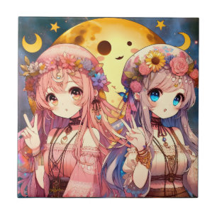 Anime Mädchen Hippie Mond Mädchen geben Friedensze Fliese