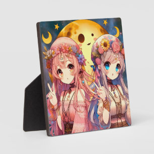 Anime Mädchen Hippie Mond Mädchen geben Friedensze Fotoplatte