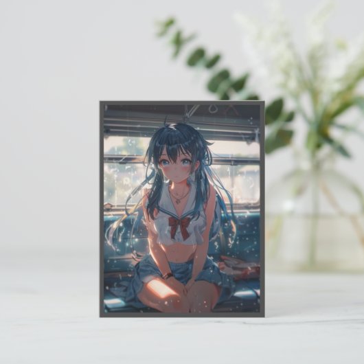 Anime-Mädchen im Zug Feiertagspostkarte (Stehend Vorderseite)