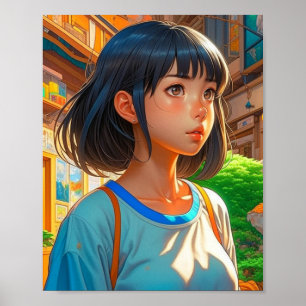 Anime-Mädchen in der Stadt Farbige Kunst Poster