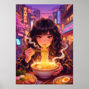 Anime-Mädchen isst Ramen auf der Neonstadtstraße v Poster