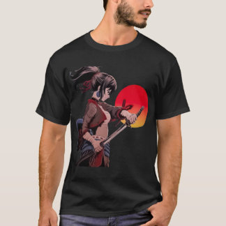 Anime-Mädchen-Krieger-Schwert-Sonnenuntergang-Kuns T-Shirt