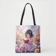 Anime-Mädchen liest inmitten von Blumen und Noten