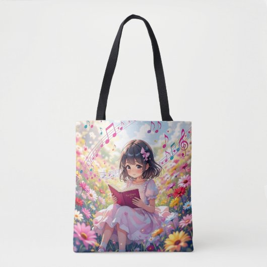 Anime-Mädchen liest inmitten von Blumen und Noten Tasche (Vorderseite)