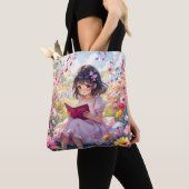 Anime-Mädchen liest inmitten von Blumen und Noten Tasche (Von Nahem)