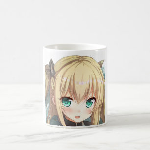 Anime Mädchen mit blonden Haaren und smaragdgrünen Kaffeetasse