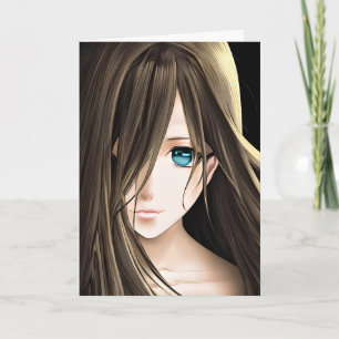 Anime-Mädchen mit braunen Haaren und blauen Augen Karte