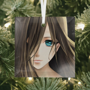 Anime-Mädchen mit braunen Haaren und blauen Augen Ornament Aus Glas
