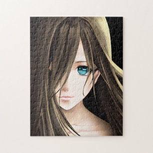 Anime-Mädchen mit braunen Haaren und blauen Augen Puzzle