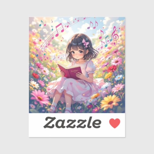 Anime-Mädchen mit Buch und Noten Aufkleber (Blatt)