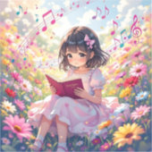 Anime-Mädchen mit Buch und Noten Aufkleber (Vorderseite)