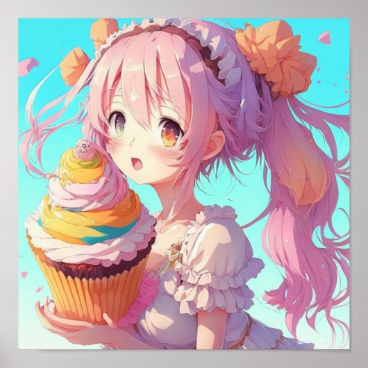 Anime-Mädchen mit fantastischem Cupcake Poster (Vorne)
