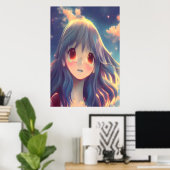 Anime-Mädchen mit langblauen Haaren | AI Art Poste Poster (Heimbüro)