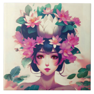 Anime-Mädchen mit Lotusblüten gekrönt Fliese