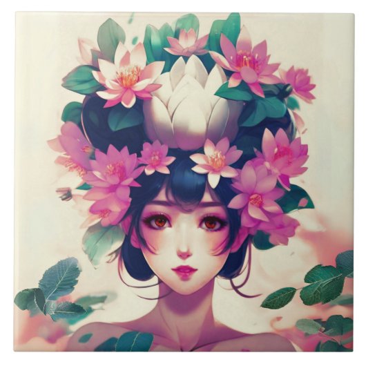 Anime-Mädchen mit Lotusblüten gekrönt Fliese (Vorderseite)