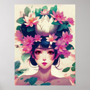 Anime-Mädchen mit Lotusblüten gekrönt Poster