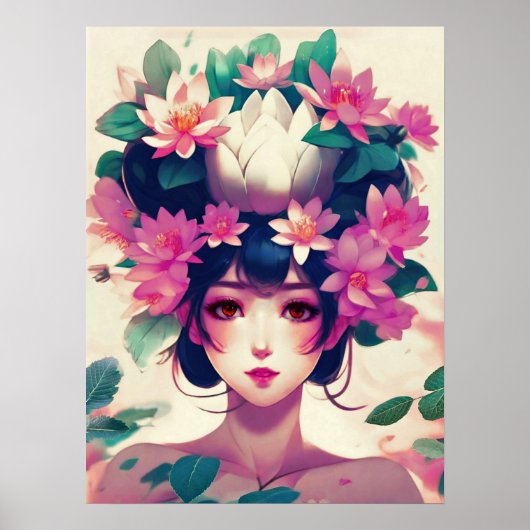 Anime-Mädchen mit Lotusblüten gekrönt Poster (Vorne)
