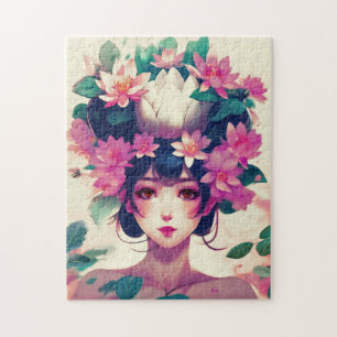 Anime-Mädchen mit Lotusblüten gekrönt Puzzle