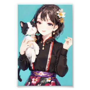 Anime Mädchen mit Tuxedo-Katze Blumenkunst Fotodruck